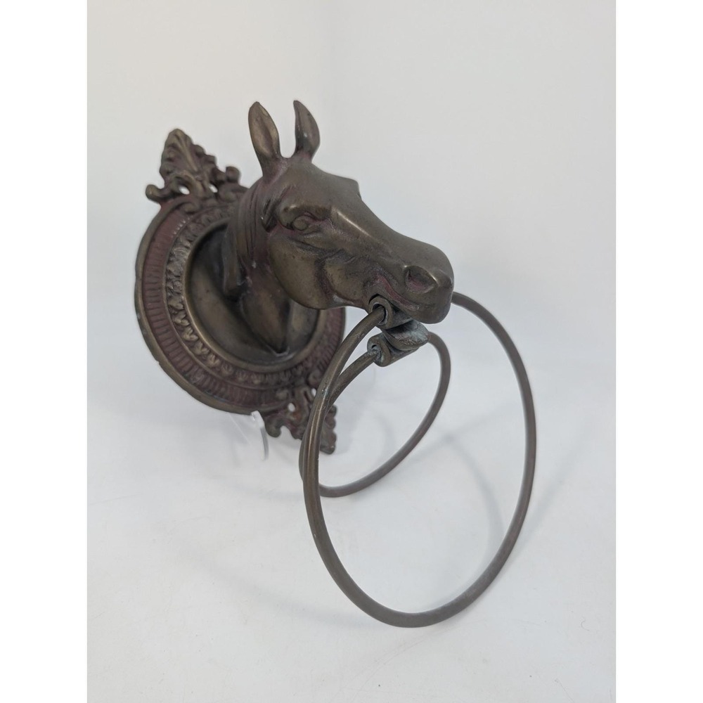 Vintage Brass Horse Head Wall Mount Double Ring Towel Holder Equestrian Decor